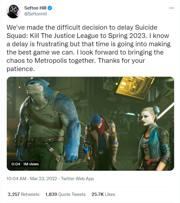 Sefton Hill on X: We've made the difficult decision to delay Suicide Squad:  Kill The Justice League to Spring 2023. I know a delay is frustrating but  that time is going into