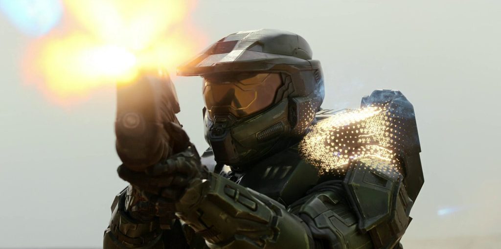 The Master Chief (Labo Schreiber) storms Madrigal in defense of its colonists in Halo Season 1 Episode 1 "Contact" (2022), Paramount Plus