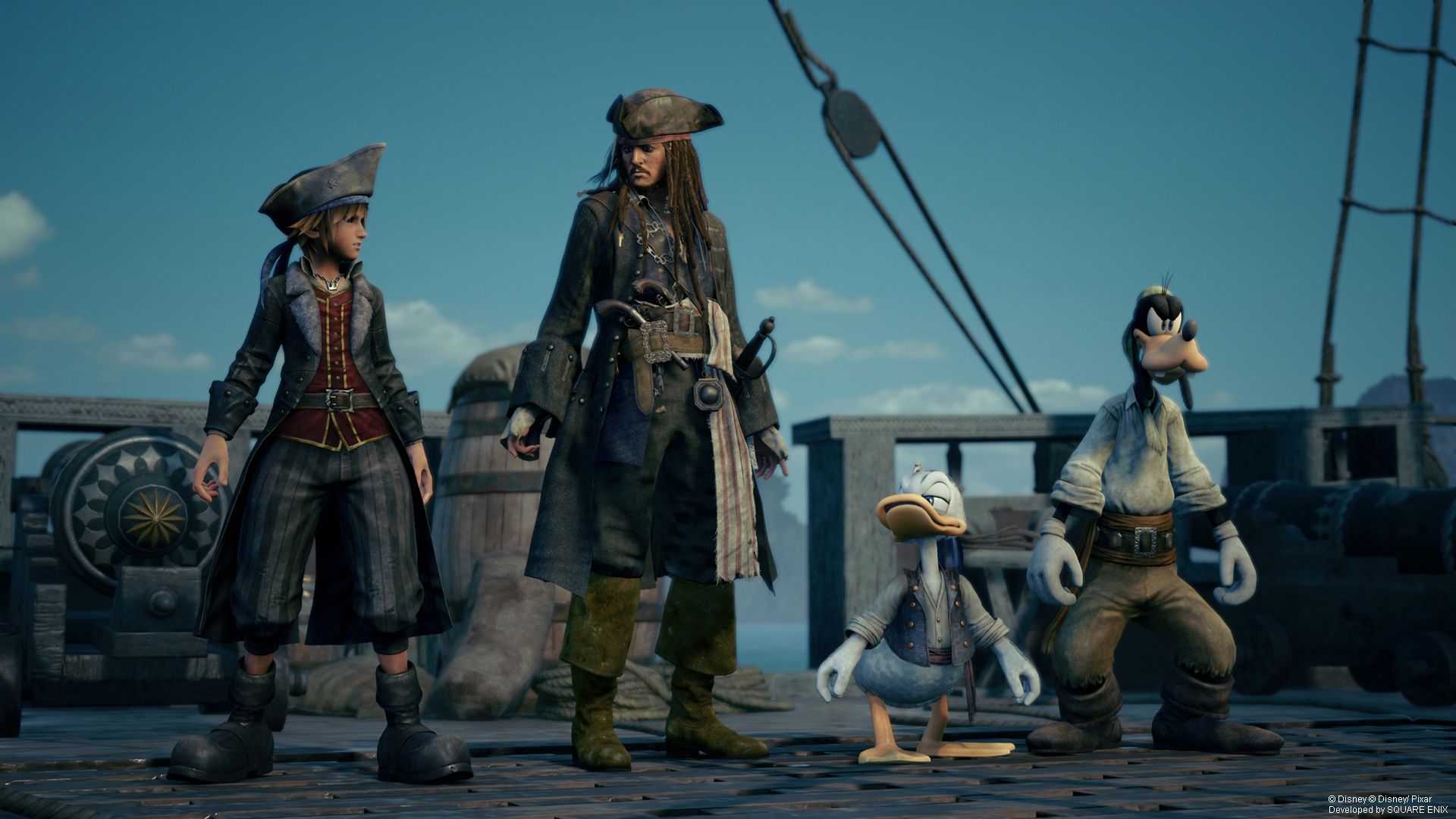 Capitão Jack Sparrow (Jared Butler) recebe os velhos amigos Sora (Hayley Joel Osment), Donald (Tony Anselmo) e Pateta (Bill Farmer) a bordo do Pérola Negra em Kingdom Hearts III (2019), Square Enix via Square Enix