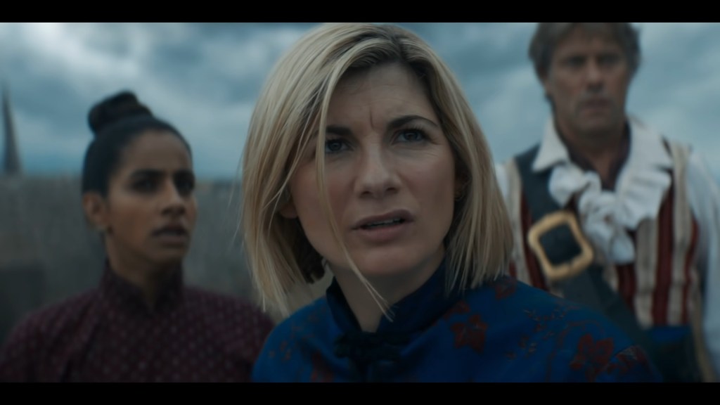 The Doctor (Jodi Hitaker), Yaz (Mandip Gill) and Dan (John Bishop) arrive in China in Doctor Who: Legend of the Sea Devils (2022), BBC