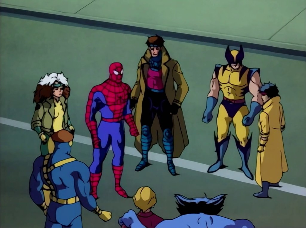 Spider-Man (Christopher Daniel Barnes) thanks the X-Men for their help in stopping Hobgoblin (Mark Hamill) in Spider-Man: The Animated Series Season 2 Episode 5 "Mutants Revenge" (1995), Marvel Entertainment