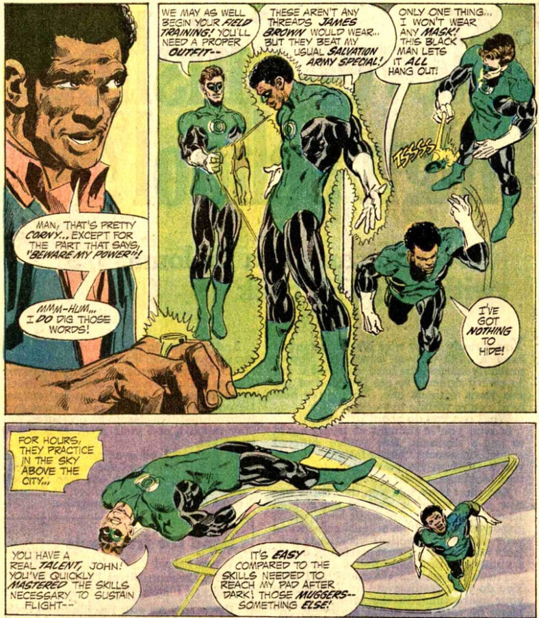 John Stewart suits up for the first time to receive some flight training from Hal Jordan in Green Lantern Vol. 2 #87 "Beware My Power!" (1972), DC Comics. Words by Dennis O'Neil, art by Neal Adams and Dick Giordano.