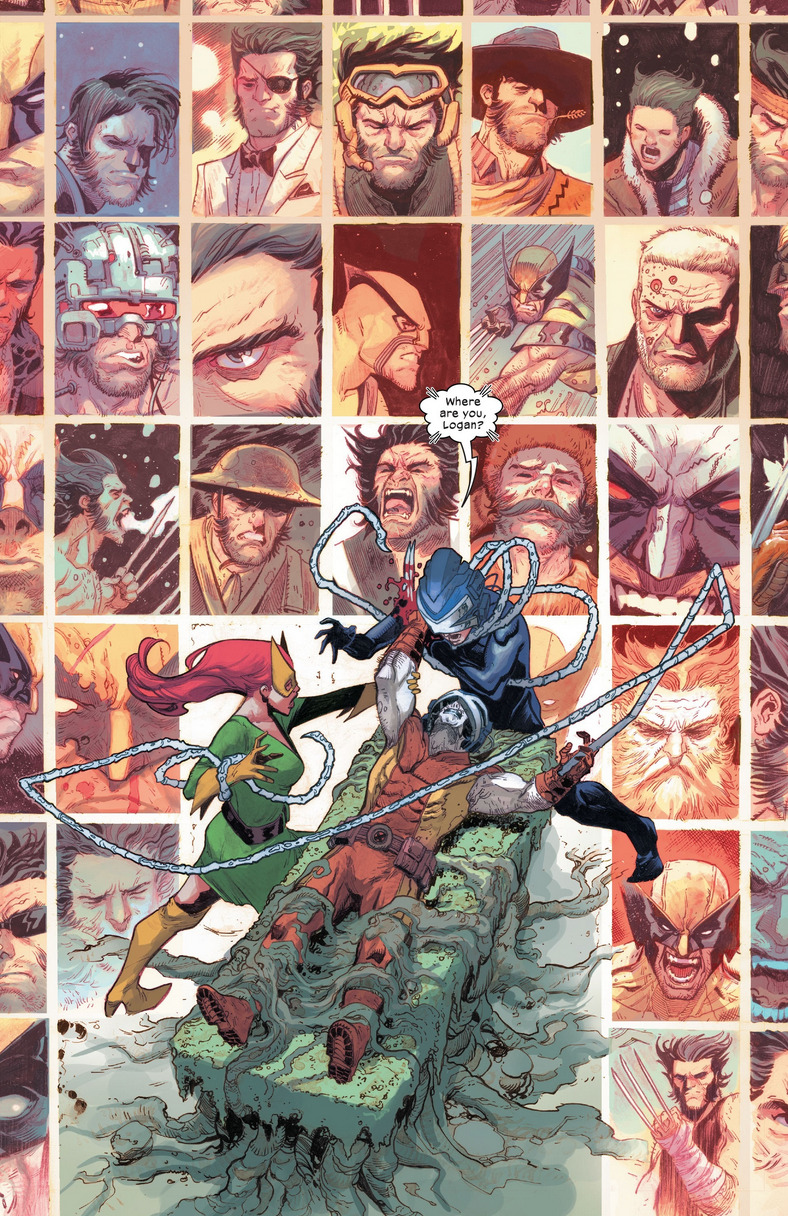 Logan falls through his many different lives in X Lives of Wolverine Vol. 1 #5 "The Living End" (2022), Marvel Comics. Words by Benjamin Percy, art by Joshua Cassara and Frank Martin Jr.