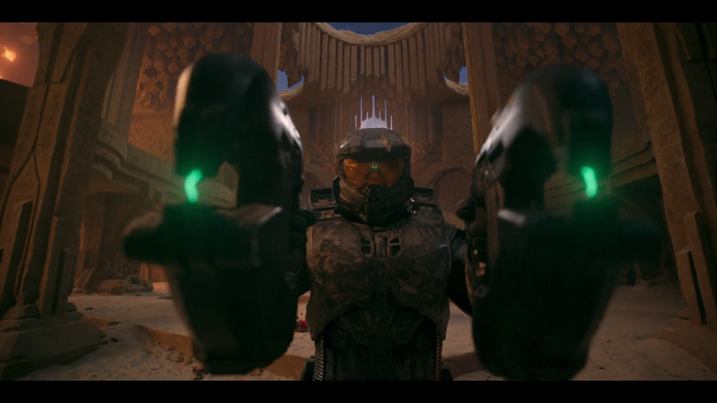 Master Chief (Pablo Schreiber) dual wields a pair of Plasma Pistols in Halo Season 1 Episode 9 "Transcendence" (2022), Paramount Plus