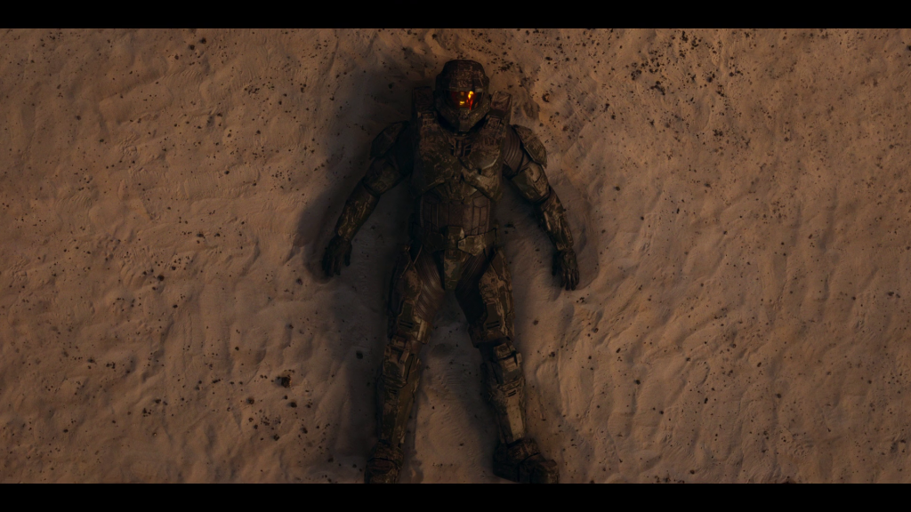 The Master Chief (Pablo Schrieber) attempts to recover after taking the full brunt of a Brute's hammer in Halo Season 1 Episode 9 "Transcendence" (2022), Paramount Plus