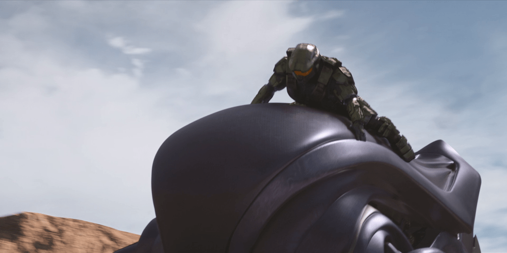 Master Chief (Pablo Schreiber) hitches a ride atop a Covenant Banshee in Halo Season 1 Episode 5 “Reckoning” (2022), Paramount Plus