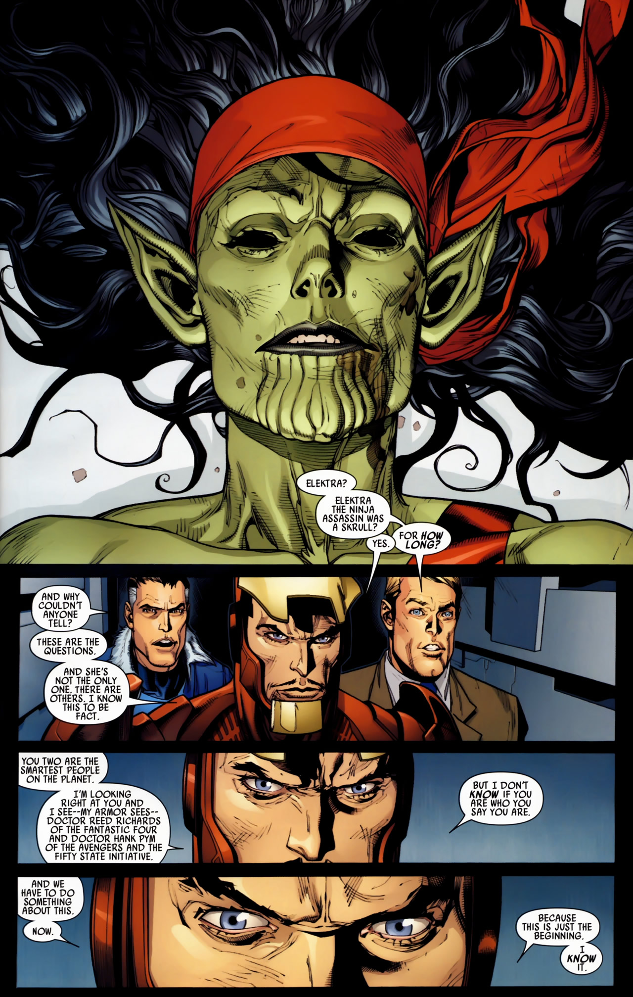 Doctor Strange brings The New Avengers' recent discovery to The Illuminati in Secret Invasion Vol. 1 #1 (2008), Marvel Comics. Words by Brian Michael Bendis, art by Leinil Francis Yu, Mark Morales, and Laura Martin.