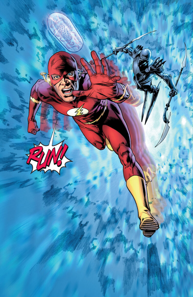Barry Allen returns from the Speed Force with a warning in Final Crisis Vol. 1 #2 "Ticket to Blüdhaven" (2008), DC Comics. Words by Grant Morrison, art by J.G. Jones and Alex Sinclair.