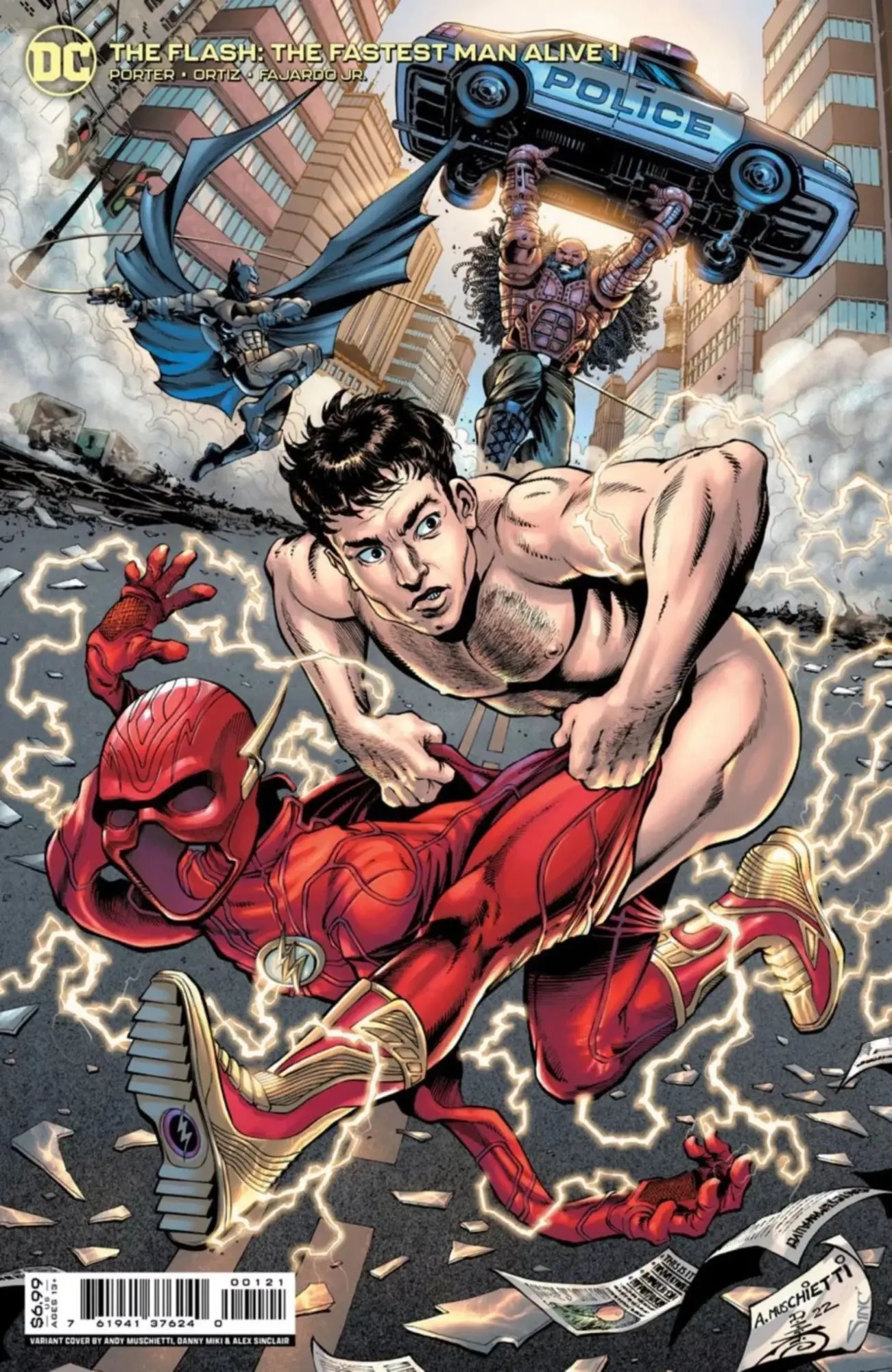 The Flash suits up to assist Batman against Girder on Andy Muschetti’s variant cover for The Flash: The Fastest Man Alive Vol. 2 #1 (2022), DC Comics.