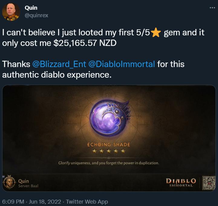 A Diablo Immortal player spent $15,000 getting a rare gem, then destroyed  it in protest