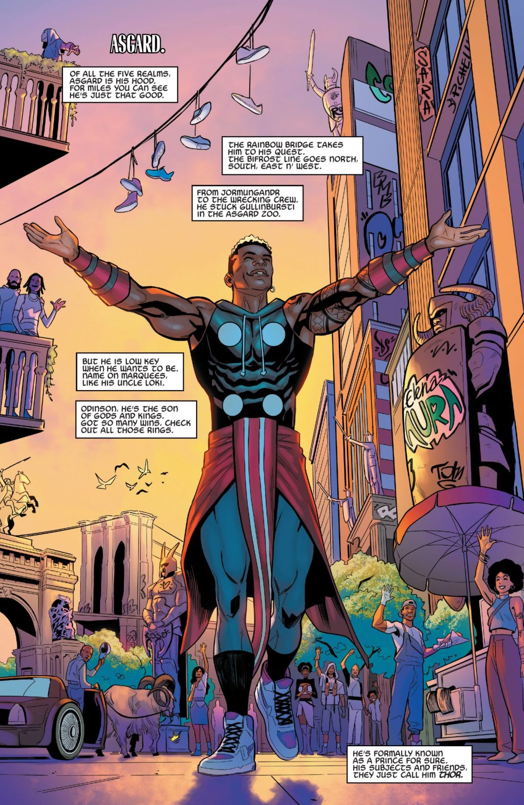The God of Thunder takes to the streets of Asgard in What If... Miles Morales Vol. 1 #4 "What if...Mile Morales became Thor?" (2022), Marvel Comics. Words by Yehudi Mercado, art by Luigi Zagaria and Chris Sotomayor.