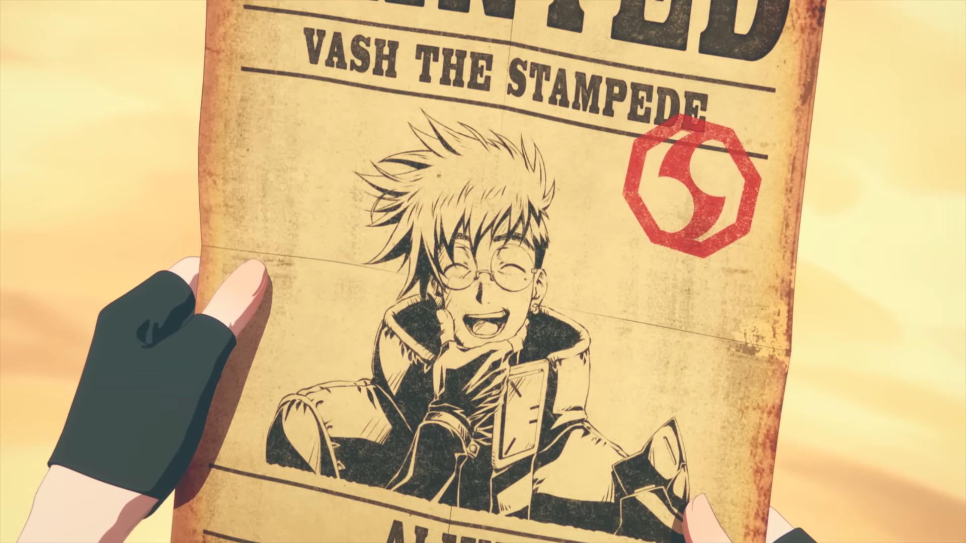 Vash (Yoshitsugu Matsuoka) takes in his new Wanted poster in Trigun Stampede PV 1 (2022), TOHO Animation via YouTube