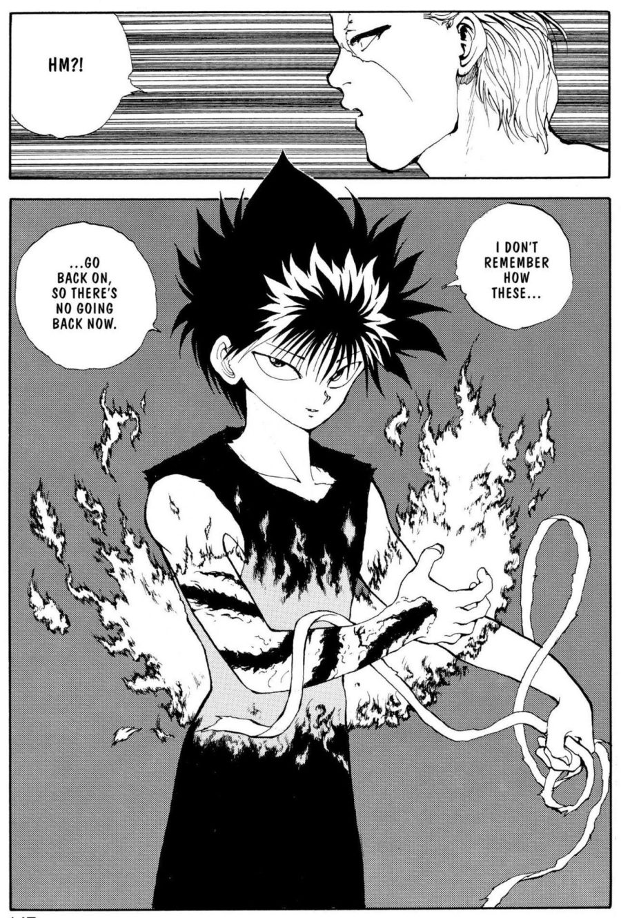 Hiei unveils his Dragon of the Darkness Flame in Yu Yu Hakusho Ch. 99 "Eat or Be Eaten!!" (1992), Shueisha. Words and art by Yoshihiro Togashi.