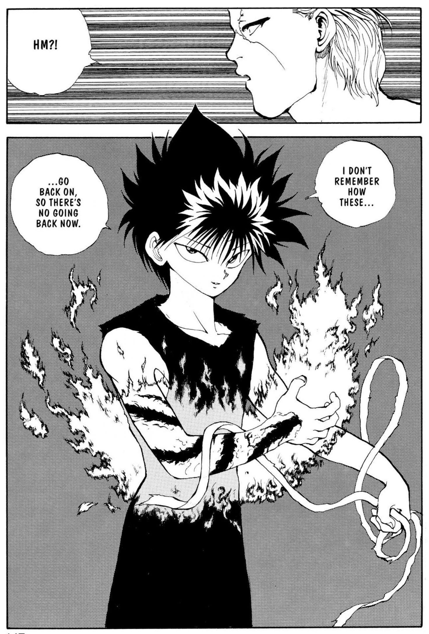 Hiei unveils his Dragon of the Darkness Flame in Yu Yu Hakusho Ch. 99 "Eat or Be Eaten!!" (1992), Shueisha. Words and art by Yoshihiro Togashi.