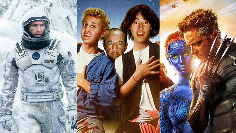 Split image of Interstellar, Bill & Ted's Excellent Adventure, and X-Men: Days of Future Past