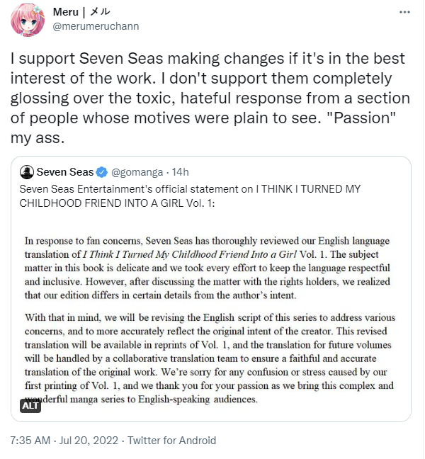 Seven Seas apologizes for inaccurate translation of I Think I