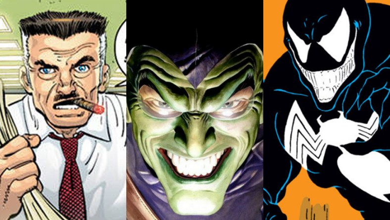 Split image of J. Jonah Jameson, the Green Goblin and Venom from Spider-Man