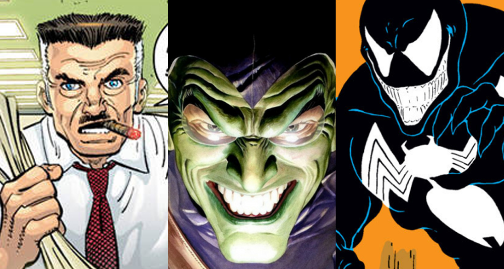 Split image of J. Jonah Jameson, the Green Goblin and Venom from Spider-Man