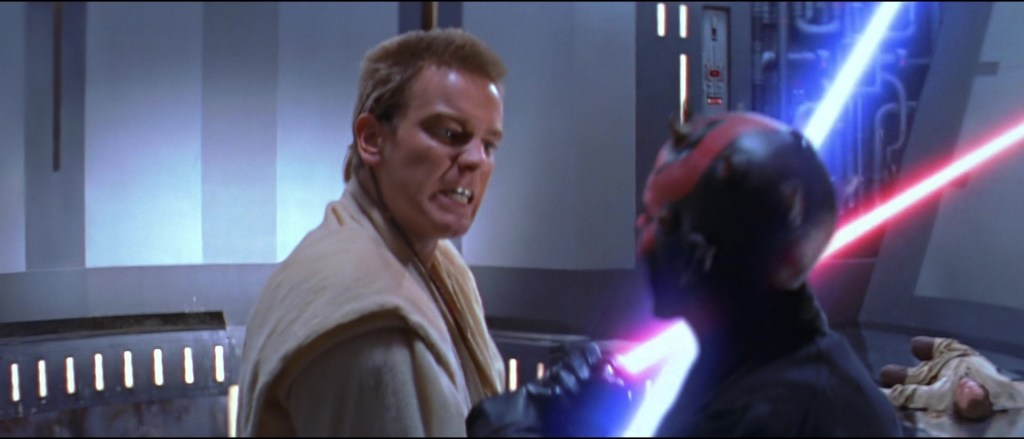 Obi-Wan Kenobi (Ewan McGregor) duels with Darth Maul (Ray Park) in Star Wars: Episode I - The Phantom Menace (1999),
