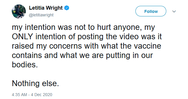 Letitia Wright weighs in on the COVID-19 vaccines via Twitter