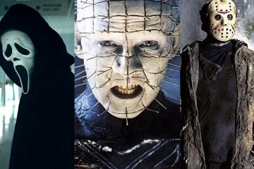 Split image of the Ghostface killer, Pinhead and Jason Vorhees