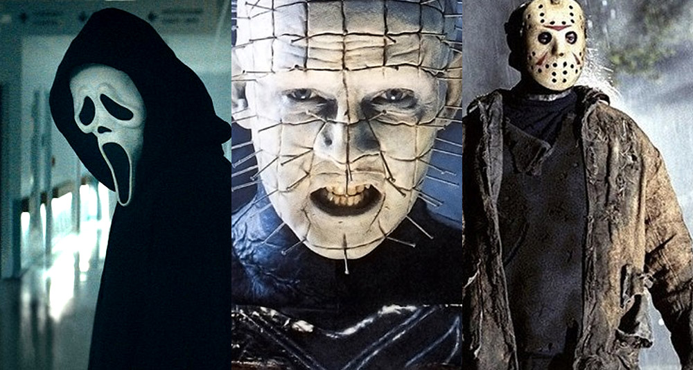 Split image of the Ghostface killer, Pinhead and Jason Vorhees