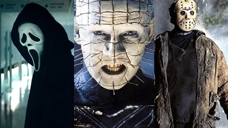 Split image of the Ghostface killer, Pinhead and Jason Vorhees