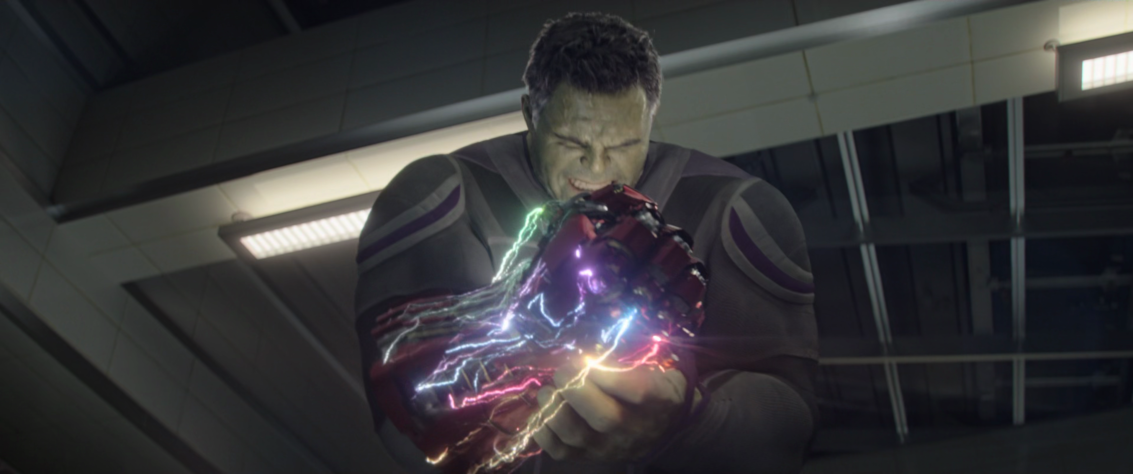 The Hulk (Mark Ruffalo) prepares to use the Infinity Stones to undo Thanos' (Josh Brolin) snap in Avengers: Endgame (2019), Marvel Entertainment