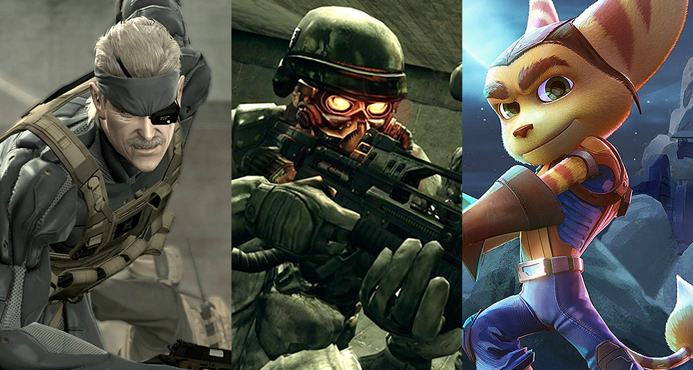 Split image of Metal Gear Solid 4, Killzone 2 and Ratchet & Clank