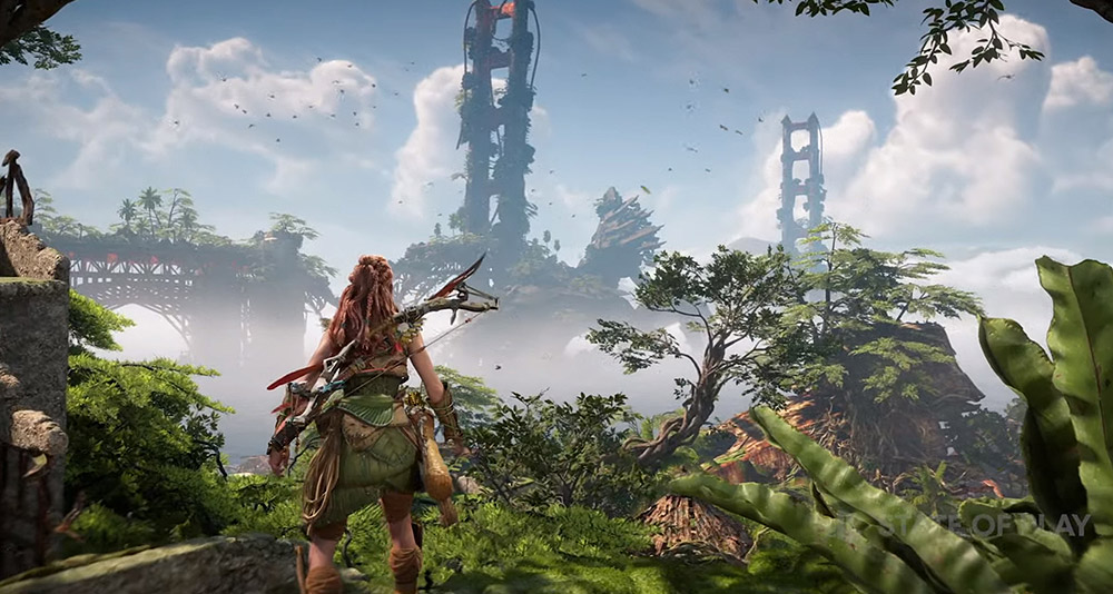 Aloy looking out over a ruined city in Horizon Forbidden West