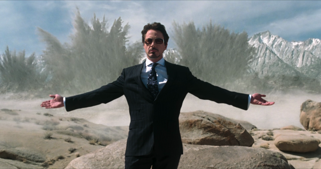 Tony Stark (Robert Downey Jr.) rains down hell fire in Iron Man (2008), Marvel Entertainment