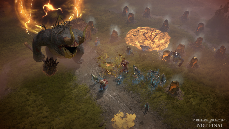 A treasure beast and other monsters bear down on the hero via Diablo IV (2023), Blizzard Entertainment