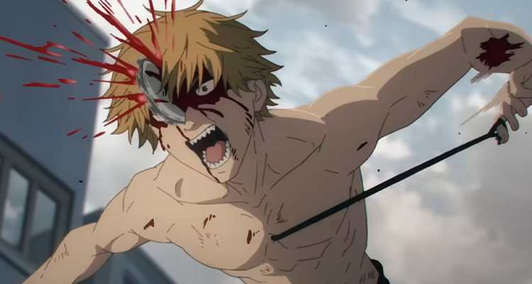 Denji from chainsaw man morphing into his chainsaw man form, a chainsaw cuts his face.