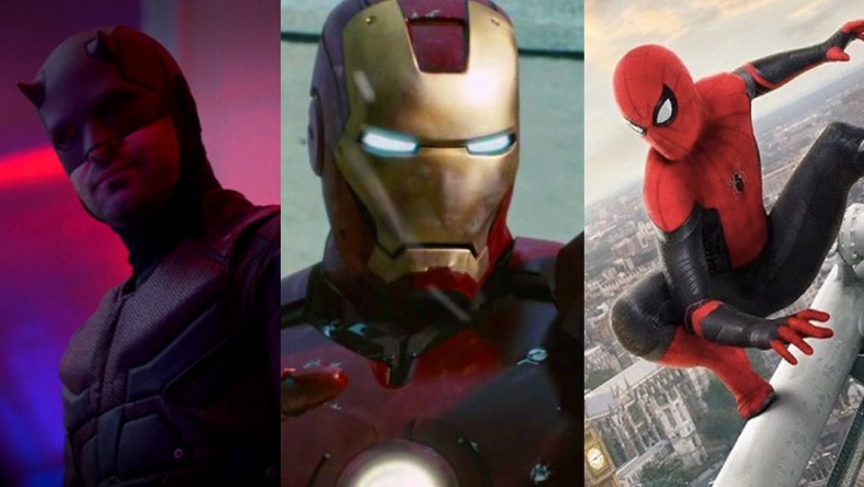 Split image of Daredevil, Iron Man and Spider-Man from the MCU