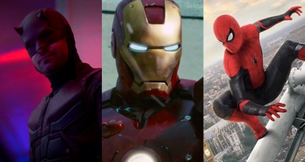 Split image of Daredevil, Iron Man and Spider-Man from the MCU