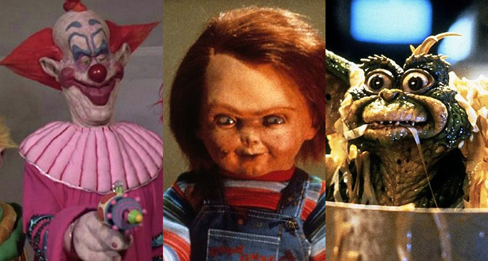 Split image of Killer Clowns, Chucky and a Gremlin