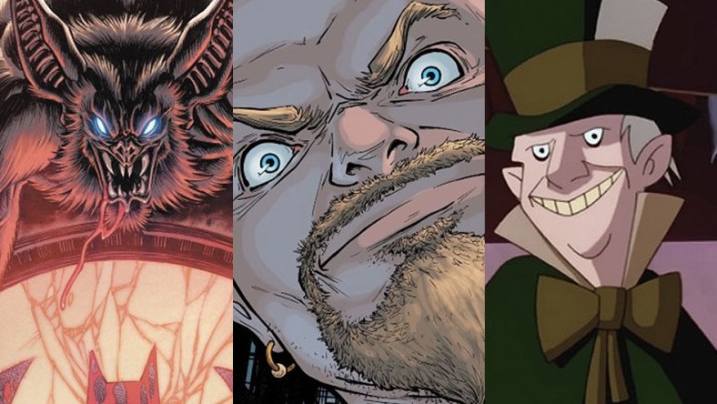 Split image of Man-Bat, Zsasz and the Mad Hatter