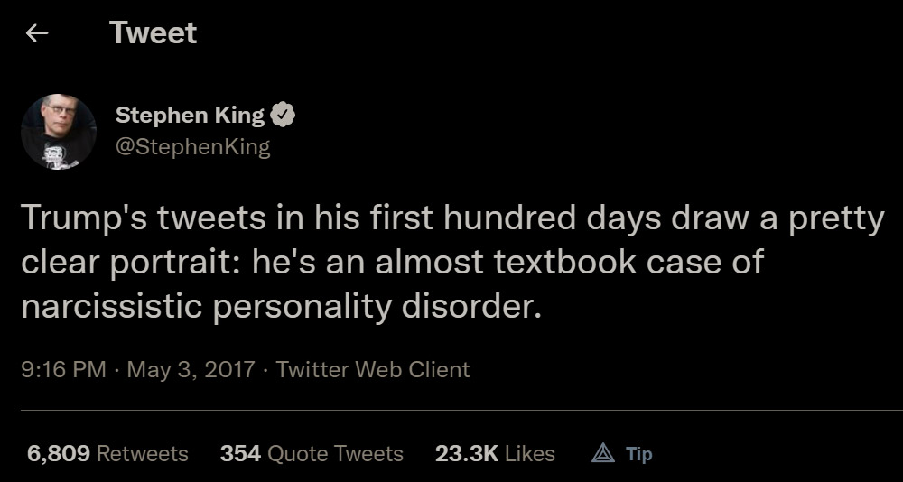 Stephen King tweets about Trump