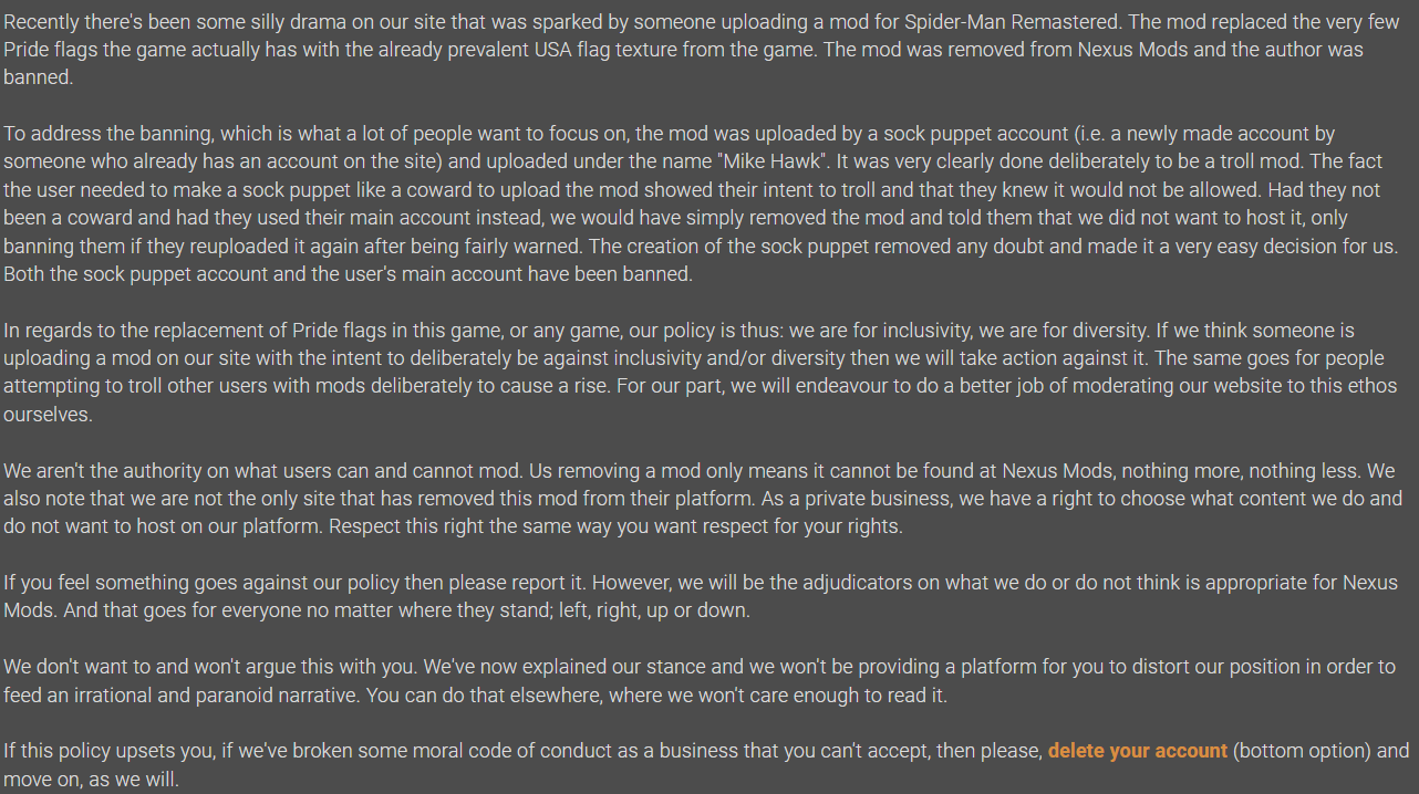 Nexus Mods Tells Users Unhappy With Their Ban Of 'Marvel's Spider-Man  Remastered' LGBT Pride Flag Mod To Delete Your Account And Move On -  Bounding Into Comics
