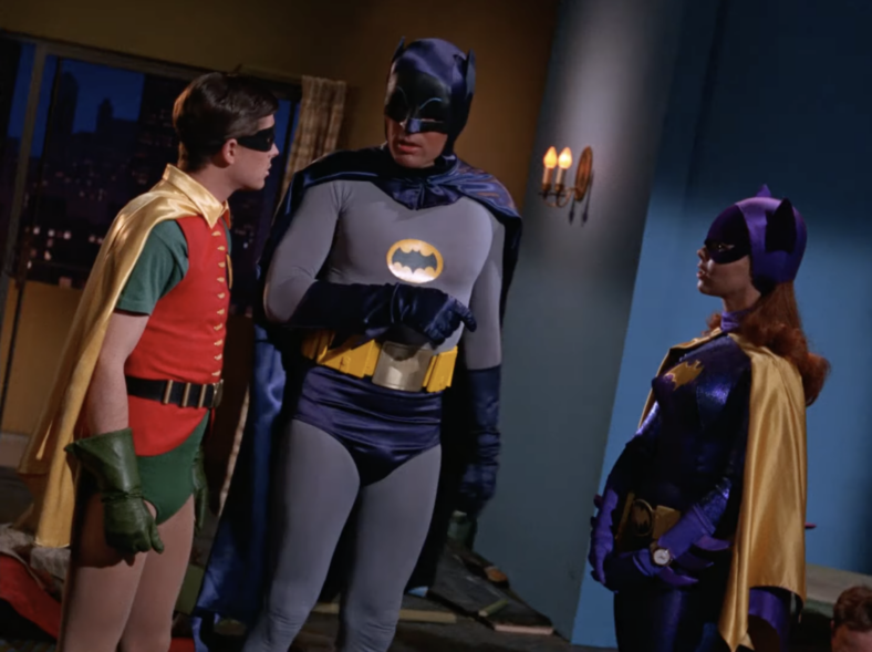 Batman (Adam West) and Robin (Burt Ward) make the acquaintance of Batgirl (Yvonne Craig) in Batman Season 3 Episode 1 "Enter Batgirl, Exit Penguin" (1966), Greenway Productions