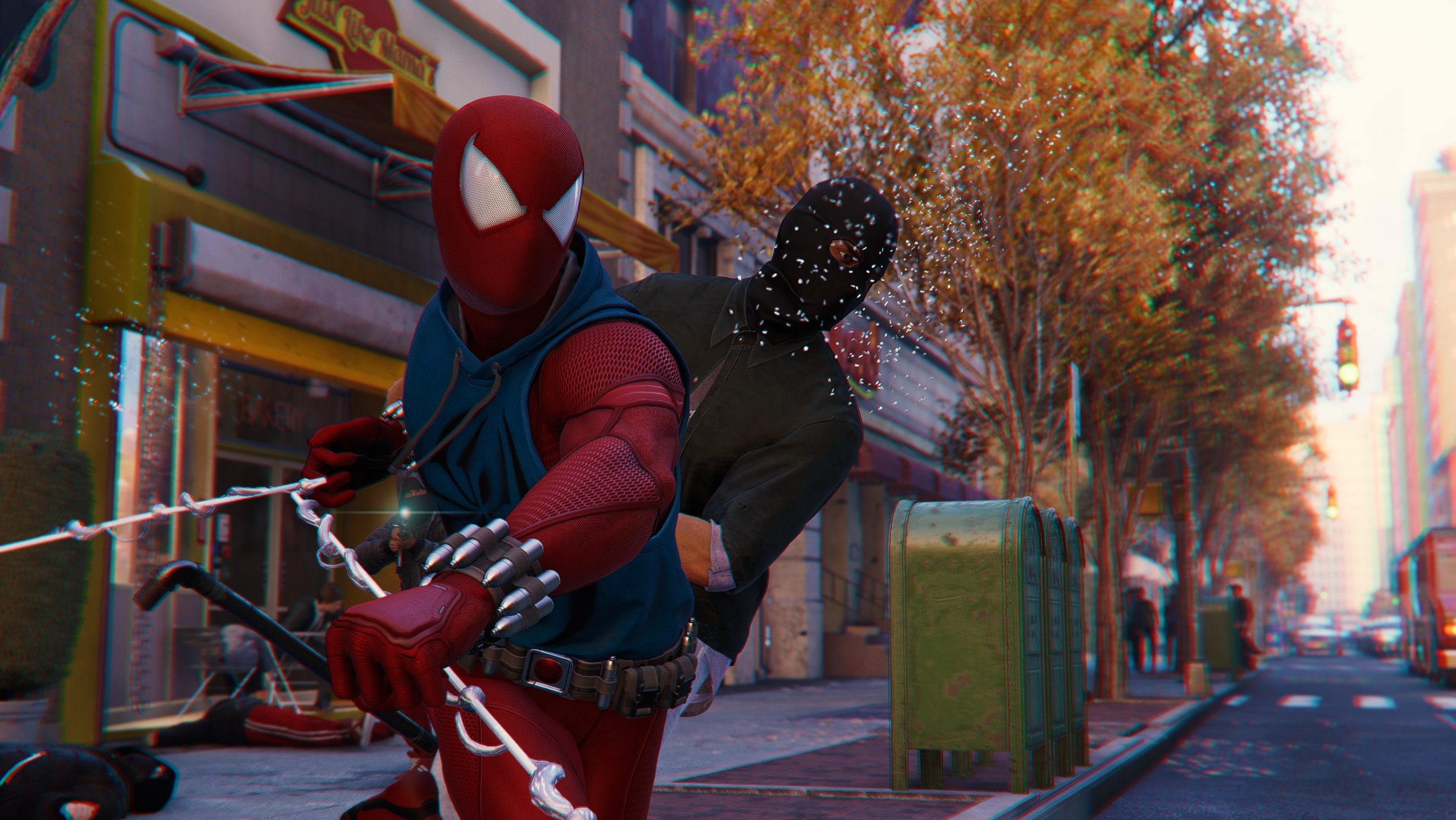 Spider-Man (Yuri Lowenthal) puts an end to the criminal ambitions of some small-time thugs in Marvel's Spider-Man Remastered (2022), Insomniac Games