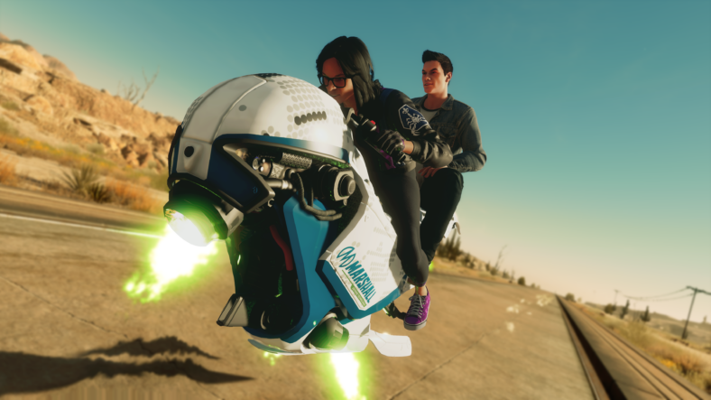 Neenah (Jeannie Tirado) and the boss on a Marshall MDI-7078 in Saints Row (2022), Deep Silver Volition