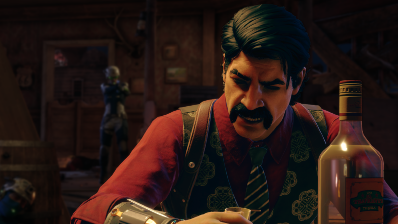 The Nahualli (Christian Lanz) mopes at the bar in Saints Row (2022), Deep Silver Volition