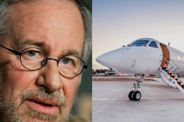 Split image of Steven Spielberg and his private jet