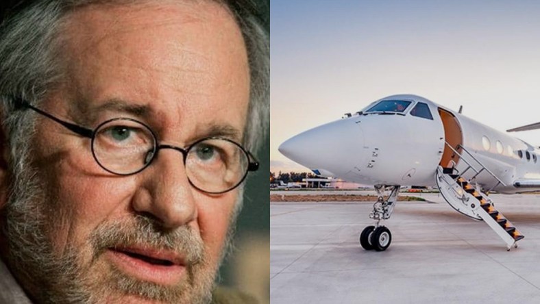 Split image of Steven Spielberg and his private jet