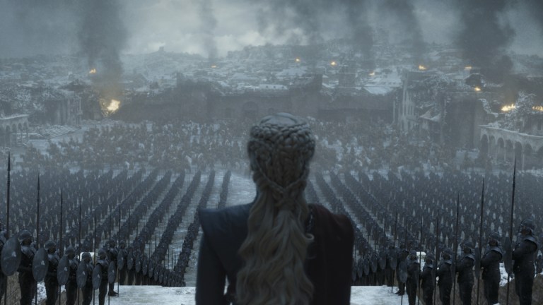 Emilia Clarke as Daenerys Targaryen adressing her army after the sacking of King's Landing in Game of Thrones (2019), HBO