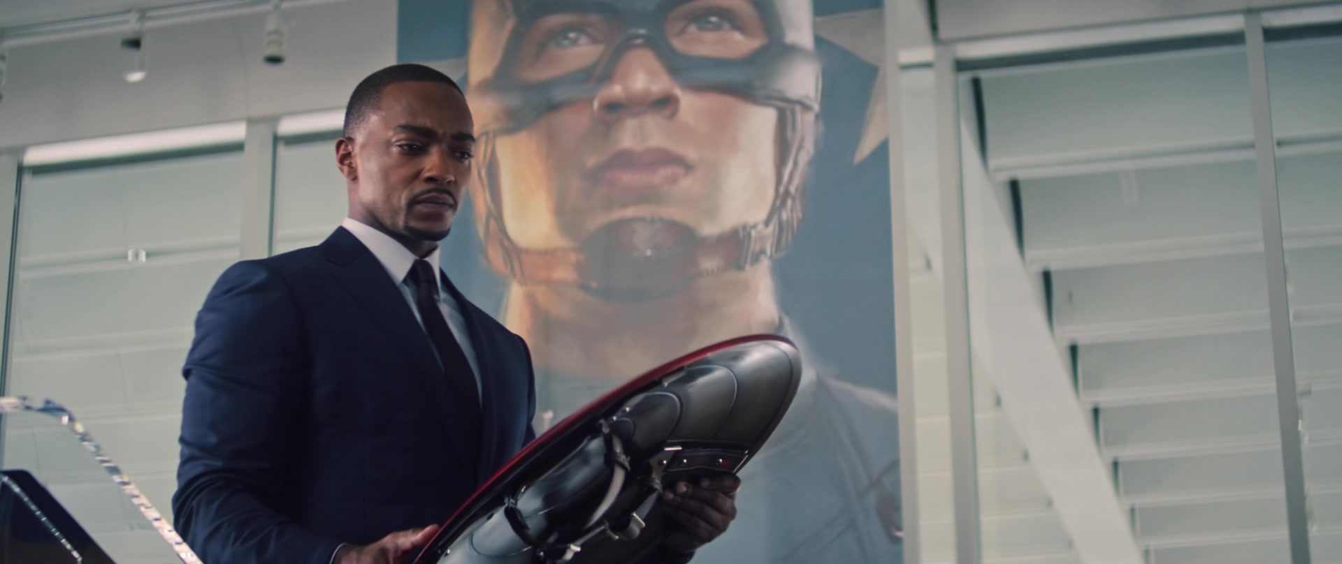 Sam Wilson (Anthony Mackie) reflects the weight of the Captain America mantle in The Falcon and the Winter Soldier Season 1 Episode 1 "New World Order" (2021), Marvel Entertainment