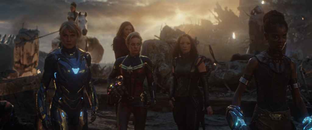 Pepper Potts (Gwyneth Paltrow), Valkyrie (Thompson), Wanda Maximoff (Elizabeth Olsen), Captain Marvel (Brie Larson), Mantis (Pom Klementieff), and Shuri (Letitia Wright) assemble in Avengers: Endgame (2019), Marvel Studios