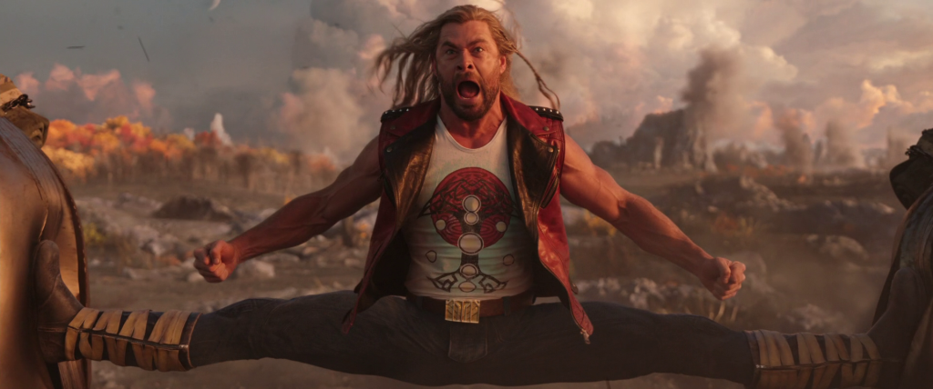 Thor (Chris Hemsworth) split kicks a pair of Booskan speeders in Thor: Love and Thunder (2022), Marvel Entertainment via Blu-ray