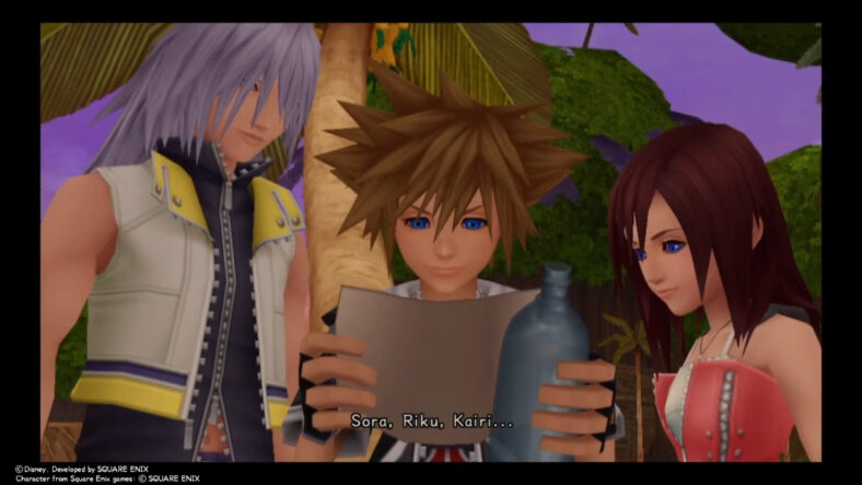 Riku (David Gallagher), Sora (Hayley Joel-Osment), and Kairi (Hayden Panettiere) receive a message in Kingdom Hearts coded (2008), Square Enix